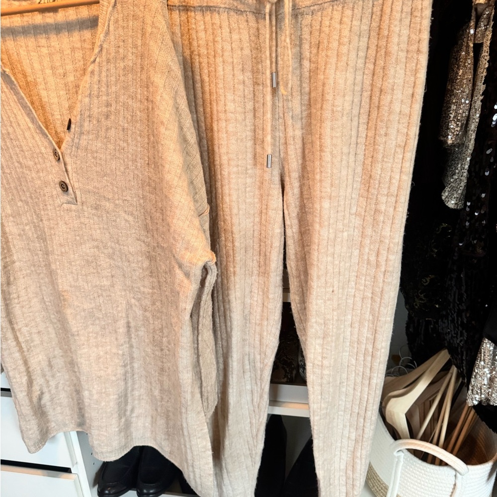 Free People Cream Ribbed Knit Set